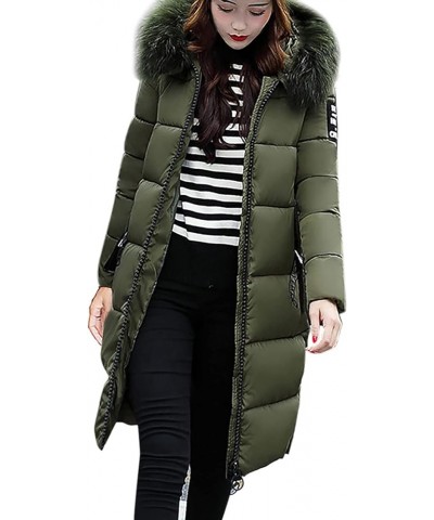 Women's Knee Length Down Jackets Furry Splicing Hoodie Coat Casual Thicker Winter Coats for Women Slim Puffer Jacket Army Gre...