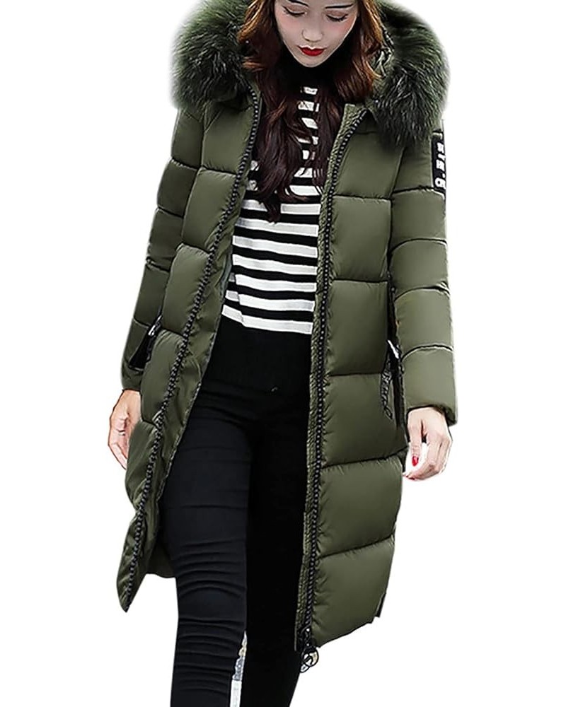 Women's Knee Length Down Jackets Furry Splicing Hoodie Coat Casual Thicker Winter Coats for Women Slim Puffer Jacket Army Gre...