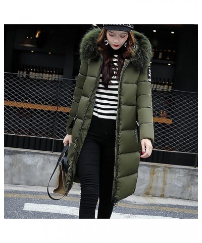 Women's Knee Length Down Jackets Furry Splicing Hoodie Coat Casual Thicker Winter Coats for Women Slim Puffer Jacket Army Gre...