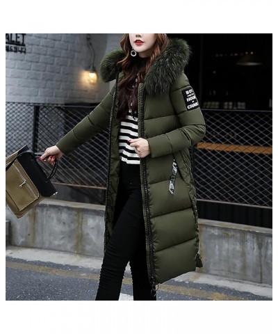 Women's Knee Length Down Jackets Furry Splicing Hoodie Coat Casual Thicker Winter Coats for Women Slim Puffer Jacket Army Gre...