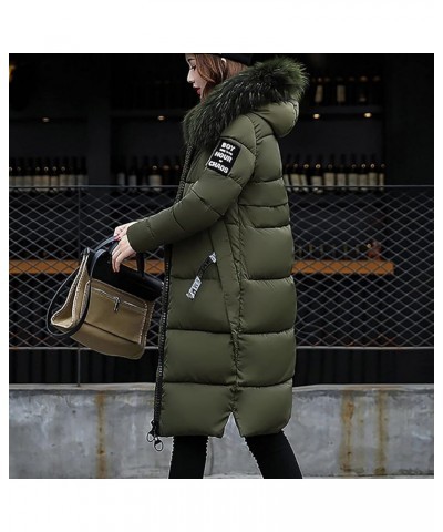 Women's Knee Length Down Jackets Furry Splicing Hoodie Coat Casual Thicker Winter Coats for Women Slim Puffer Jacket Army Gre...