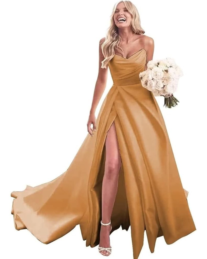 Strapless Prom Dresses Long Ball Gown Satin Wedding Dress for Bride A Line Formal Evening Party Gowns with Slit Gold Orange $...