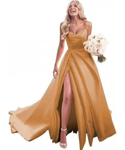 Strapless Prom Dresses Long Ball Gown Satin Wedding Dress for Bride A Line Formal Evening Party Gowns with Slit Gold Orange $...