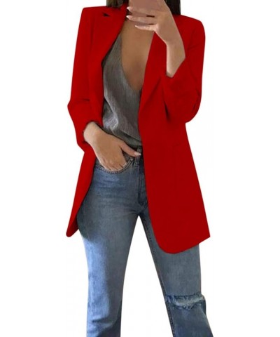 Angxiwan Long Blazer Jackets for Women Casual Solid Color Long Sleeve Open Front Work Office Blazers with Pockets S-5XL Red $...