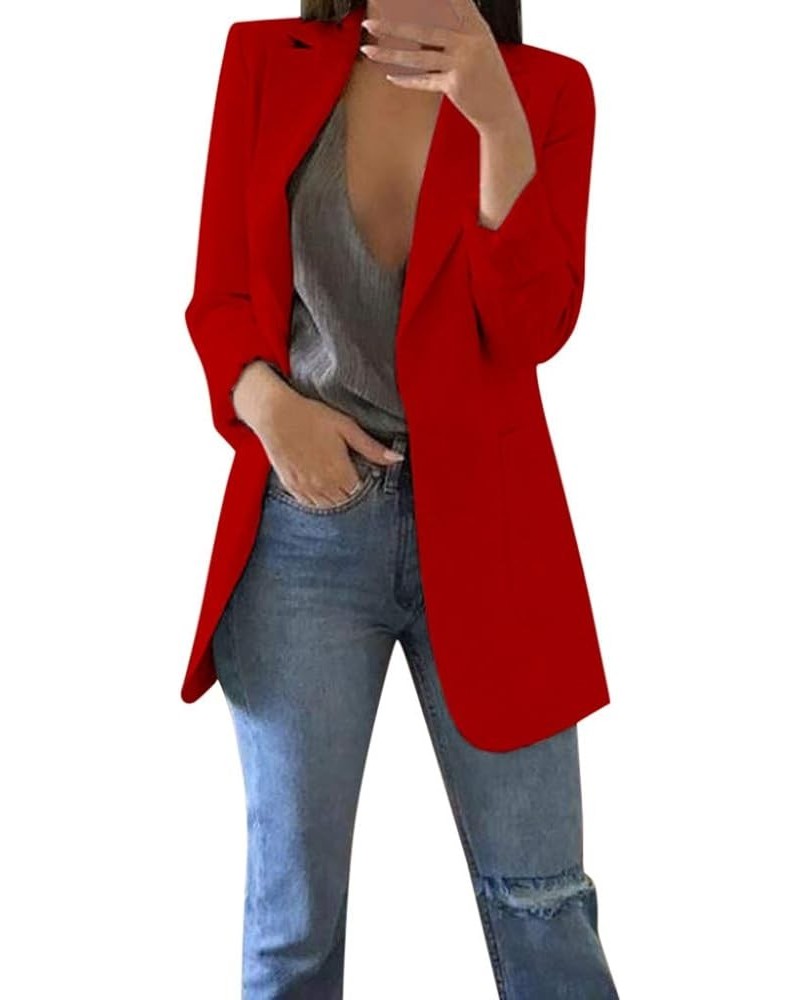 Angxiwan Long Blazer Jackets for Women Casual Solid Color Long Sleeve Open Front Work Office Blazers with Pockets S-5XL Red $...