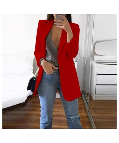 Angxiwan Long Blazer Jackets for Women Casual Solid Color Long Sleeve Open Front Work Office Blazers with Pockets S-5XL Red $...