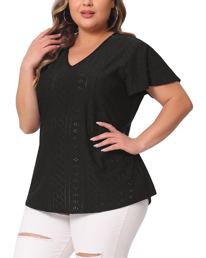 Women's Plus Size 2024 Summer Tee V Neck Hollow Flare Short Sleeve Casual Top Tunics Black $15.30 T-Shirts