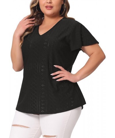 Women's Plus Size 2024 Summer Tee V Neck Hollow Flare Short Sleeve Casual Top Tunics Black $15.30 T-Shirts