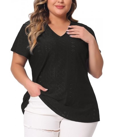 Women's Plus Size 2024 Summer Tee V Neck Hollow Flare Short Sleeve Casual Top Tunics Black $15.30 T-Shirts