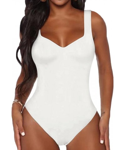 Women's Sweetheart Square V Neck sleeveless Tank Tops Bodysuits White $10.07 Bodysuits