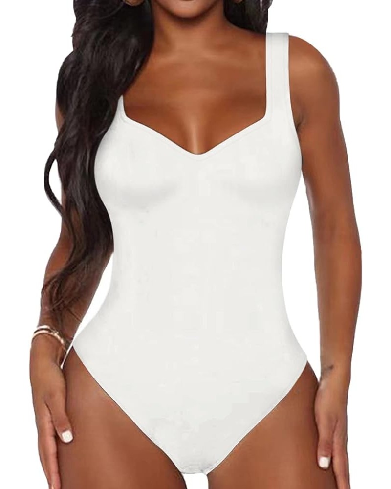 Women's Sweetheart Square V Neck sleeveless Tank Tops Bodysuits White $10.07 Bodysuits