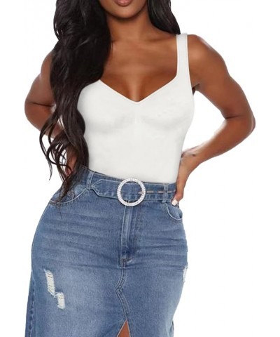 Women's Sweetheart Square V Neck sleeveless Tank Tops Bodysuits White $10.07 Bodysuits