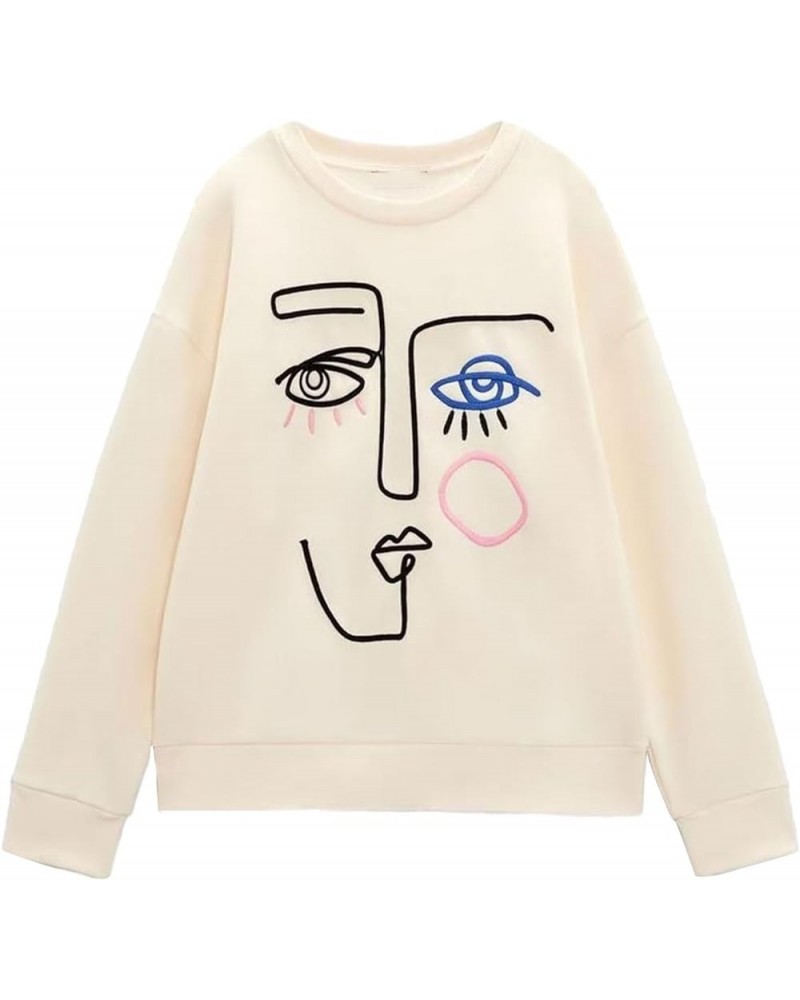 Women Cute Sweatshirts Trendy Girls Print Casual Loose Pullovers Fall Long Sleeve Tops Fall Streetwear C Beige Lines $21.08 H...