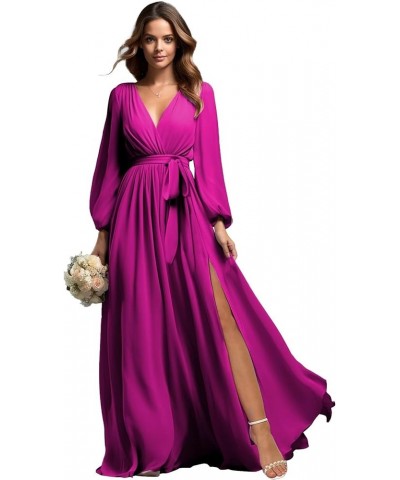 Long Sleeve Bridesmaid Dresses for Women Chiffon V-Neck Formal Evening Gowns with Slit Hot Pink $30.75 Dresses