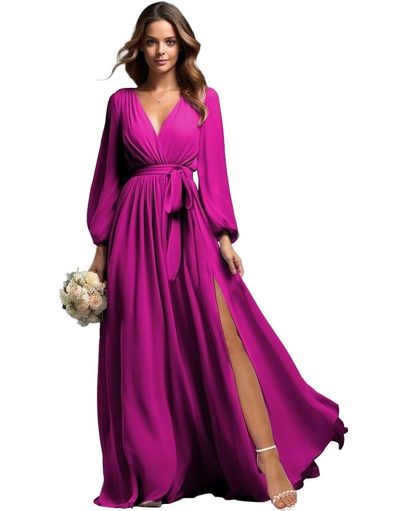 Long Sleeve Bridesmaid Dresses for Women Chiffon V-Neck Formal Evening Gowns with Slit Hot Pink $30.75 Dresses