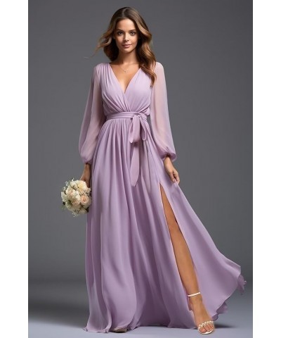 Long Sleeve Bridesmaid Dresses for Women Chiffon V-Neck Formal Evening Gowns with Slit Hot Pink $30.75 Dresses