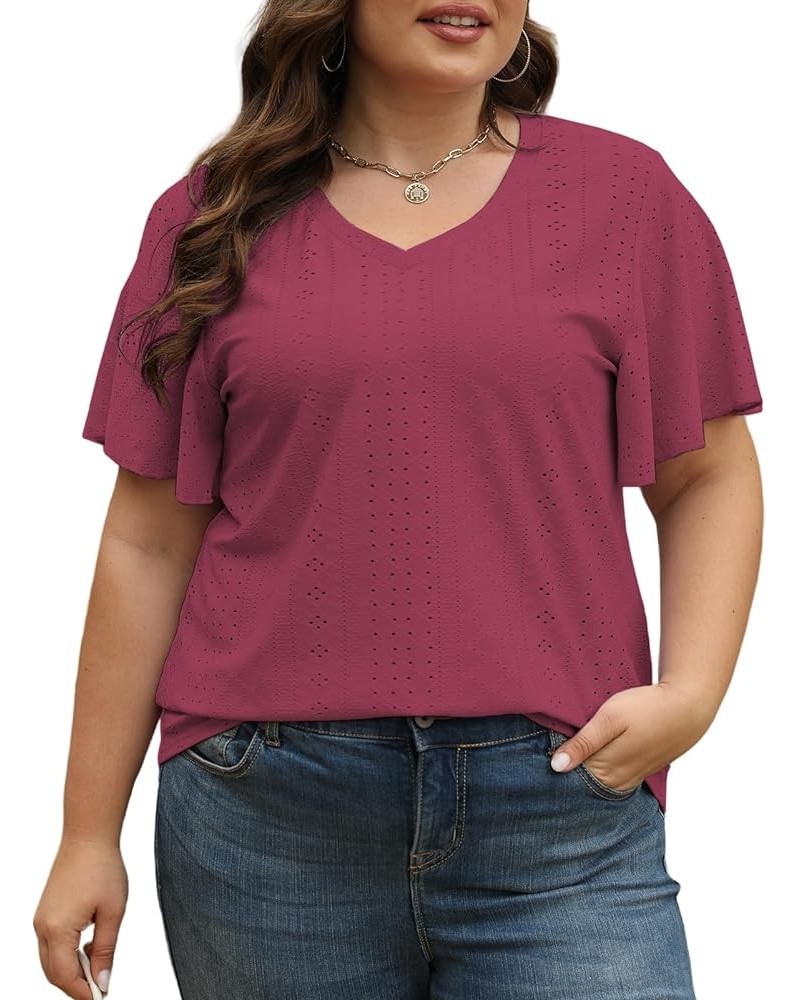 Plus-Size-Tops for Women Hollow Casual V Neck Loose Fit Short Sleeve Shirts 09_wine Red $15.29 T-Shirts