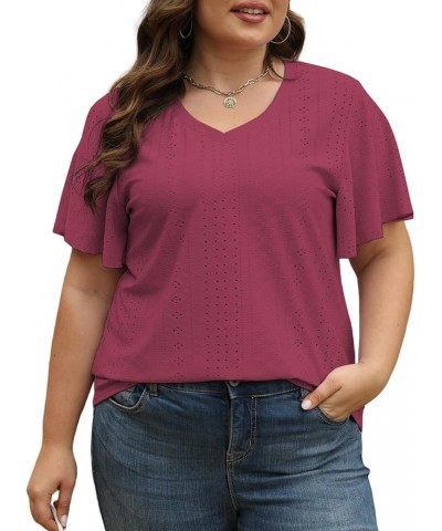 Plus-Size-Tops for Women Hollow Casual V Neck Loose Fit Short Sleeve Shirts 09_wine Red $15.29 T-Shirts