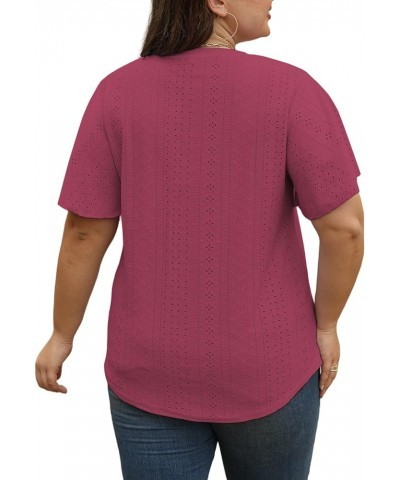 Plus-Size-Tops for Women Hollow Casual V Neck Loose Fit Short Sleeve Shirts 09_wine Red $15.29 T-Shirts