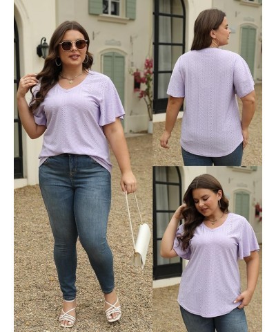 Plus-Size-Tops for Women Hollow Casual V Neck Loose Fit Short Sleeve Shirts 09_wine Red $15.29 T-Shirts