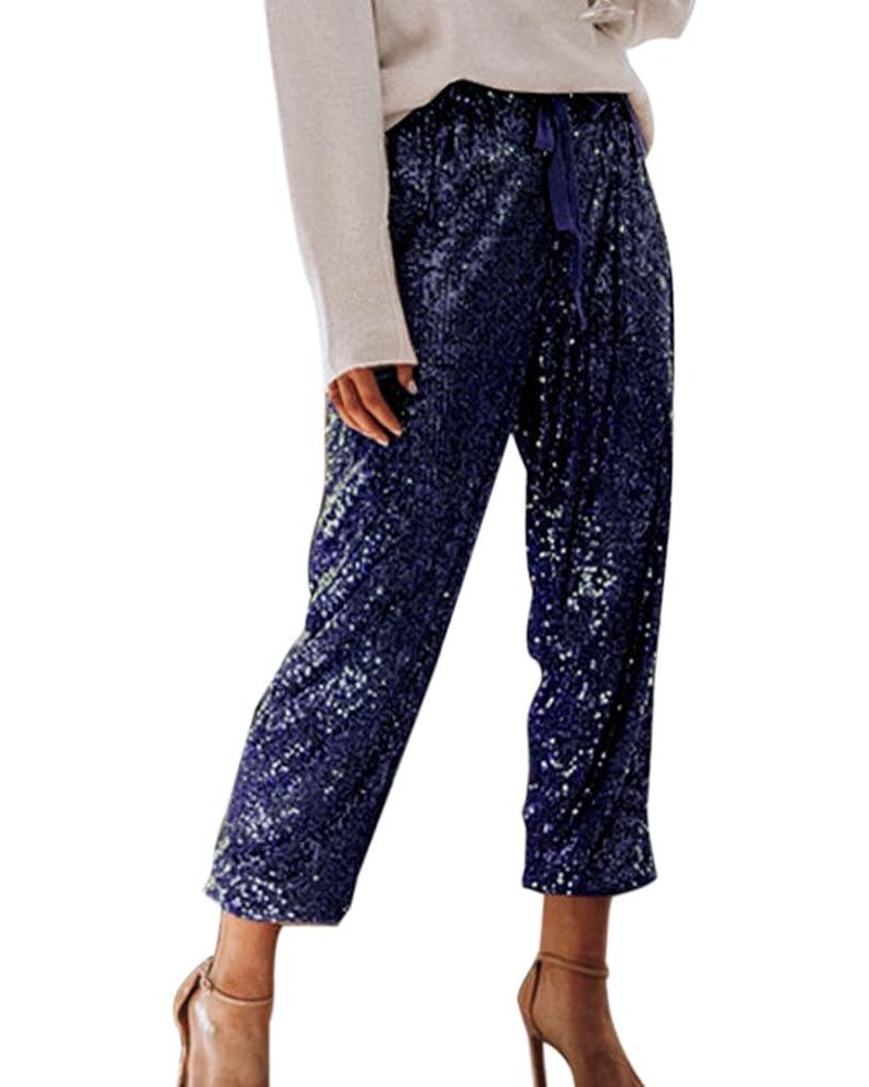 Womens Black Sequin Bling Legging Joggers Pencil Pants with Drawstring 1-dark Blue $25.24 Activewear