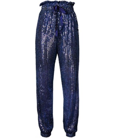 Womens Black Sequin Bling Legging Joggers Pencil Pants with Drawstring 1-dark Blue $25.24 Activewear