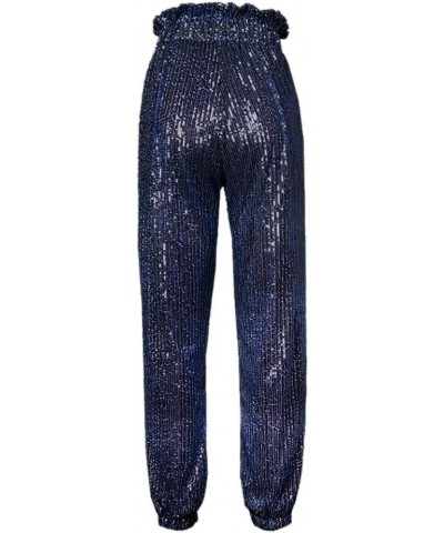 Womens Black Sequin Bling Legging Joggers Pencil Pants with Drawstring 1-dark Blue $25.24 Activewear