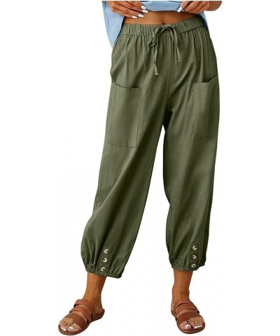 Women's Capri Pants for Summer High Waist Drawstring Cinch Bottom with Button Linen Loose Wide Leg Cropped Pants 01-army Gree...