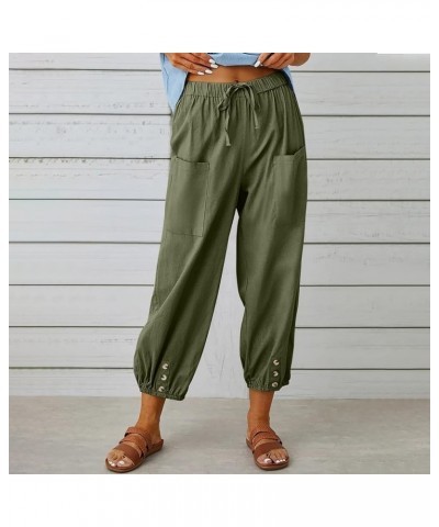 Women's Capri Pants for Summer High Waist Drawstring Cinch Bottom with Button Linen Loose Wide Leg Cropped Pants 01-army Gree...