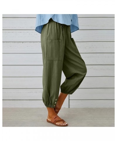 Women's Capri Pants for Summer High Waist Drawstring Cinch Bottom with Button Linen Loose Wide Leg Cropped Pants 01-army Gree...