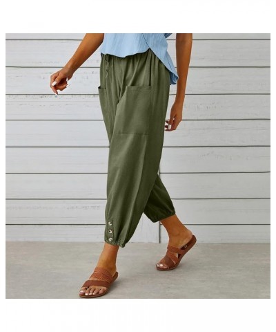 Women's Capri Pants for Summer High Waist Drawstring Cinch Bottom with Button Linen Loose Wide Leg Cropped Pants 01-army Gree...