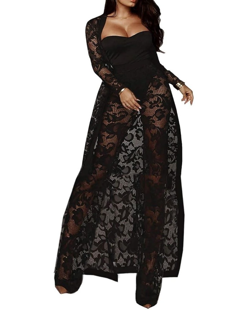 Women's Sexy Lace Transparent See Through Wide Leg Pants Tube Top Long Coat Sets Suits Lace-black $18.80 Suits