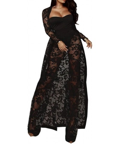 Women's Sexy Lace Transparent See Through Wide Leg Pants Tube Top Long Coat Sets Suits Lace-black $18.80 Suits