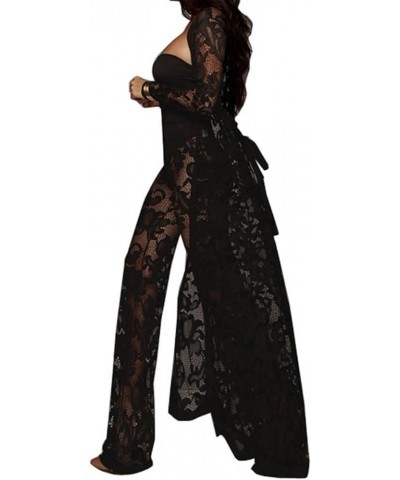 Women's Sexy Lace Transparent See Through Wide Leg Pants Tube Top Long Coat Sets Suits Lace-black $18.80 Suits