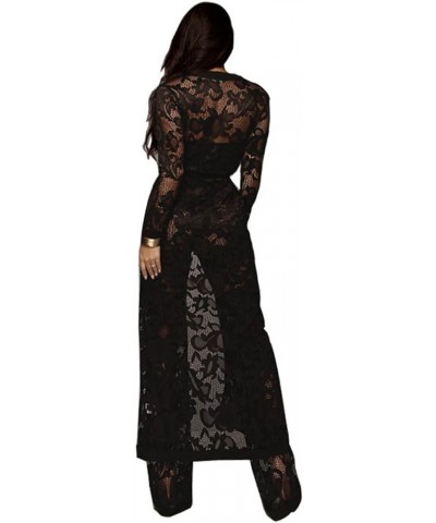 Women's Sexy Lace Transparent See Through Wide Leg Pants Tube Top Long Coat Sets Suits Lace-black $18.80 Suits