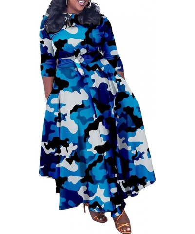 Womens Plus Size Camo Dress Long Sleeve African Print Camouflage A-line Flowy Long Maxi Dress with Tie 1-blue $21.99 Dresses