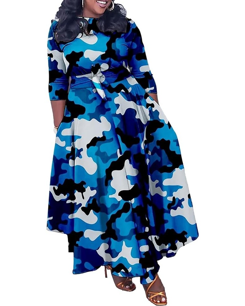 Womens Plus Size Camo Dress Long Sleeve African Print Camouflage A-line Flowy Long Maxi Dress with Tie 1-blue $21.99 Dresses