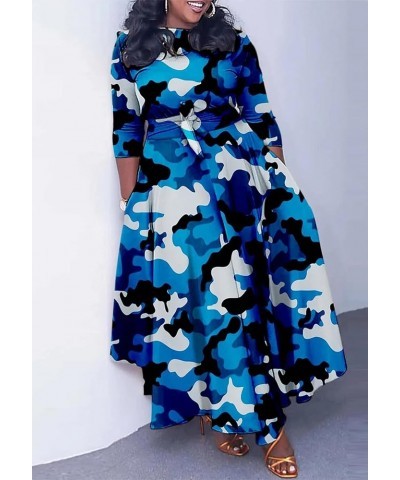 Womens Plus Size Camo Dress Long Sleeve African Print Camouflage A-line Flowy Long Maxi Dress with Tie 1-blue $21.99 Dresses