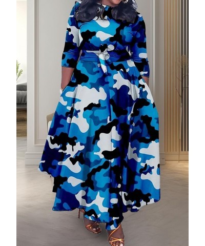 Womens Plus Size Camo Dress Long Sleeve African Print Camouflage A-line Flowy Long Maxi Dress with Tie 1-blue $21.99 Dresses