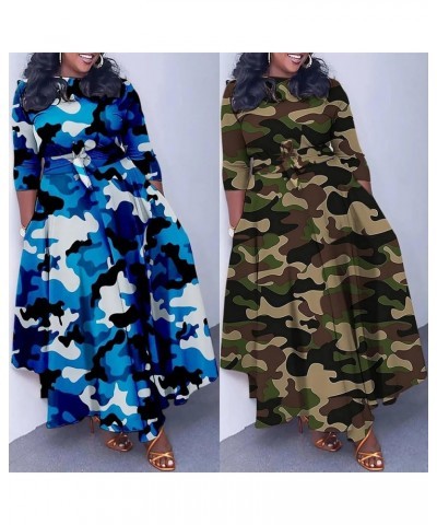 Womens Plus Size Camo Dress Long Sleeve African Print Camouflage A-line Flowy Long Maxi Dress with Tie 1-blue $21.99 Dresses