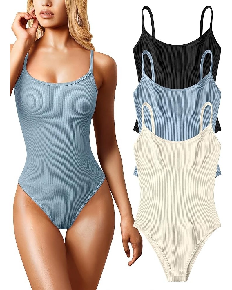 Women's 3 Piece Bodysuits Sexy Ribbed Sleeveless Adjustable Spaghetti Strip Tops Shapewear Bodysuits Black Blue Beige $21.72 ...