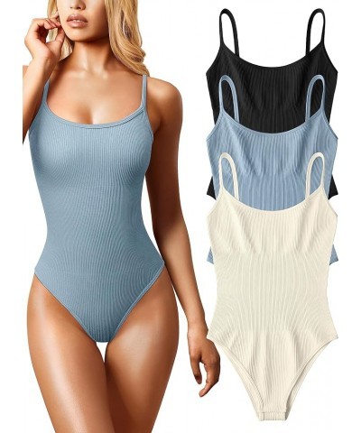 Women's 3 Piece Bodysuits Sexy Ribbed Sleeveless Adjustable Spaghetti Strip Tops Shapewear Bodysuits Black Blue Beige $21.72 ...