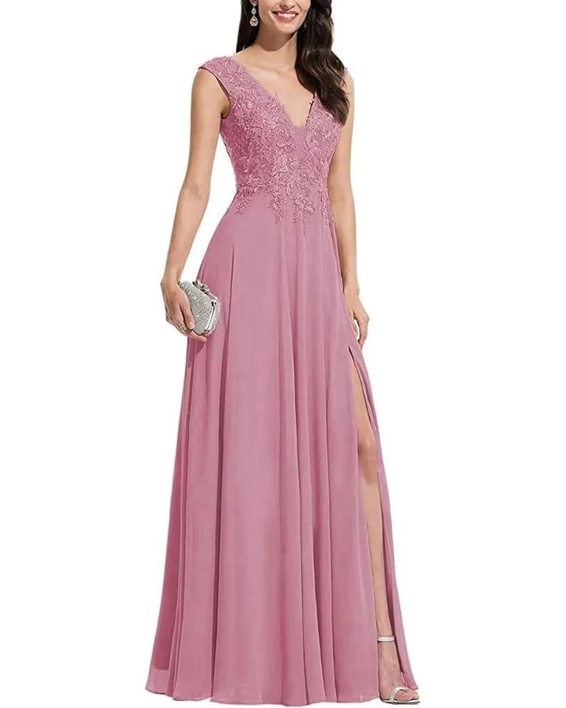 Chiffon Bridesmaid Dresses with Slit V-Neck Mother of Bride Dress Laces Applique Elegant A-line Formal Evening Dresses Dusty ...