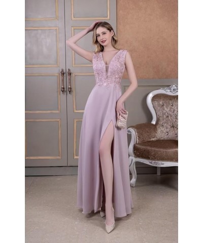 Chiffon Bridesmaid Dresses with Slit V-Neck Mother of Bride Dress Laces Applique Elegant A-line Formal Evening Dresses Dusty ...