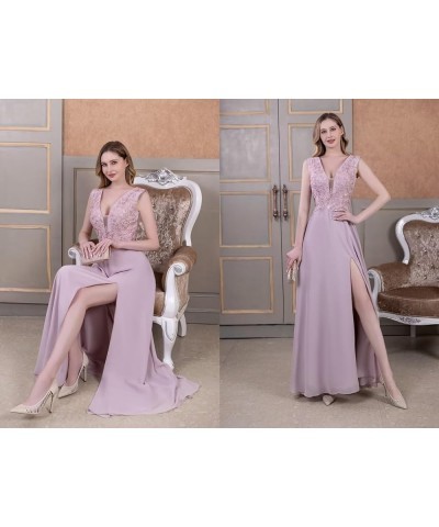 Chiffon Bridesmaid Dresses with Slit V-Neck Mother of Bride Dress Laces Applique Elegant A-line Formal Evening Dresses Dusty ...