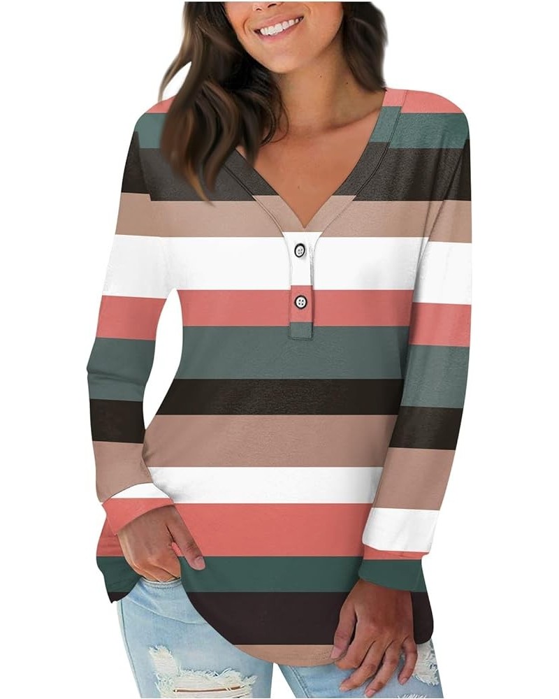 Fall Tops for Women V Neck Long Sleeve Soft T-Shirts Striped/Print Button Down Comfy Casual Blouses 04-khaki $10.76 T-Shirts