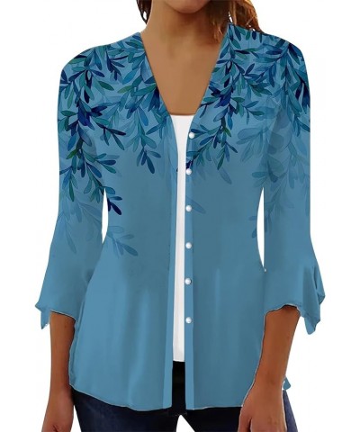 Women's Floral Print Bell 3/4 Sleeve Cardigan Lightweight Open Front Button Down Cover Up Casual Blouse Tops 2-sky Blue $7.27...