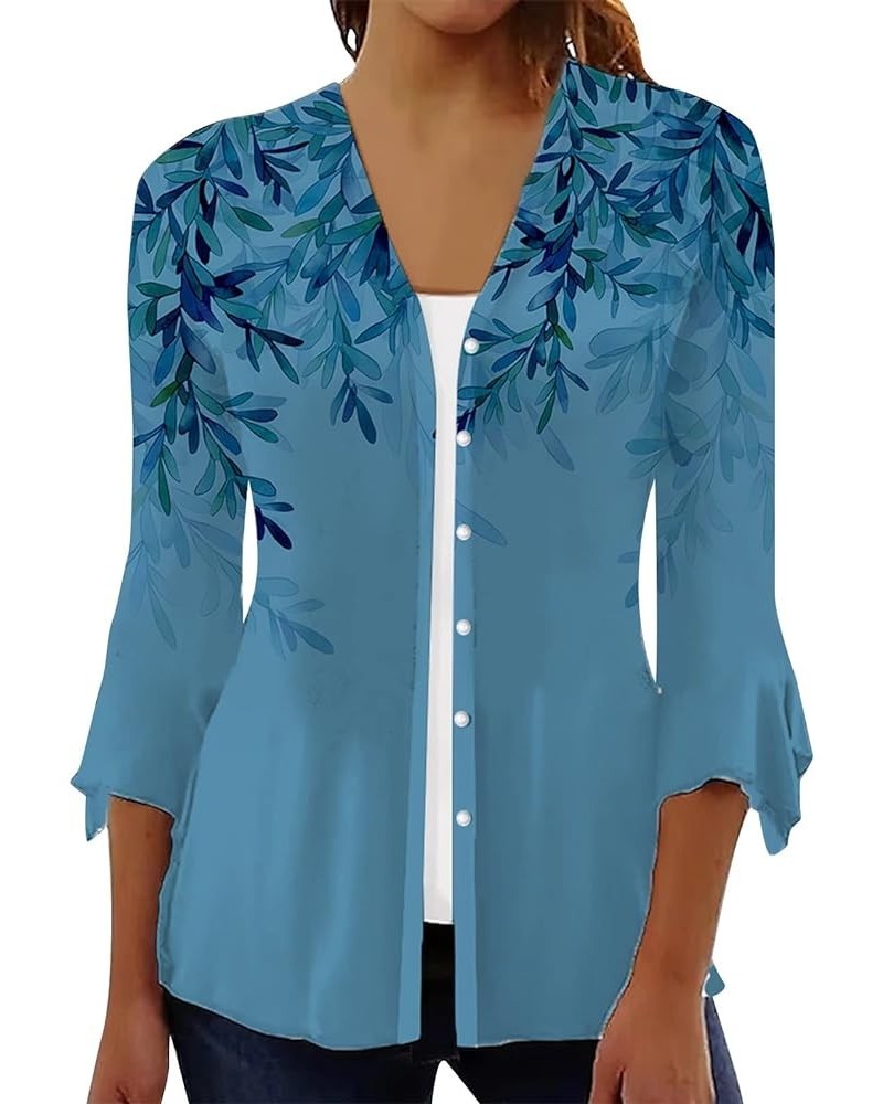 Women's Floral Print Bell 3/4 Sleeve Cardigan Lightweight Open Front Button Down Cover Up Casual Blouse Tops 2-sky Blue $7.27...