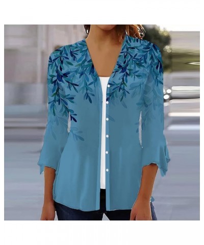 Women's Floral Print Bell 3/4 Sleeve Cardigan Lightweight Open Front Button Down Cover Up Casual Blouse Tops 2-sky Blue $7.27...