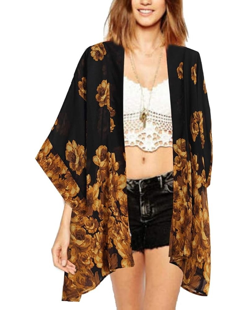 Women's Tops Loose Chiffon Kimono Cardigan Beach Swim Cover up Blouse Black Gold $13.79 Swimsuits